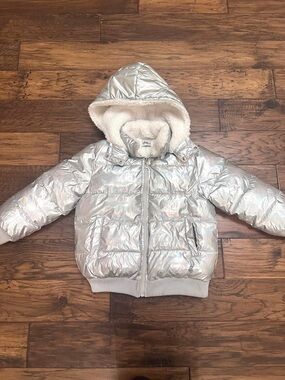 Lola + The Boys Silver Iridescent Puffer Jacket with Rainbow on Back